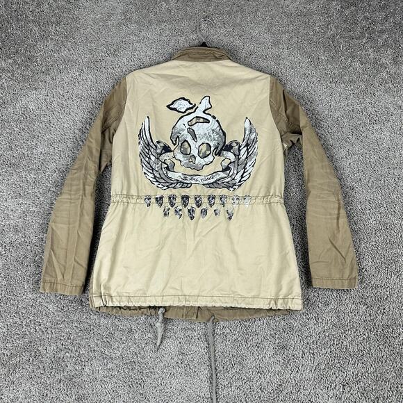 Jack & Jill Jacket Womens Small Khaki Military Field Anorak Back Skull Graphic - Picture 9 of 14